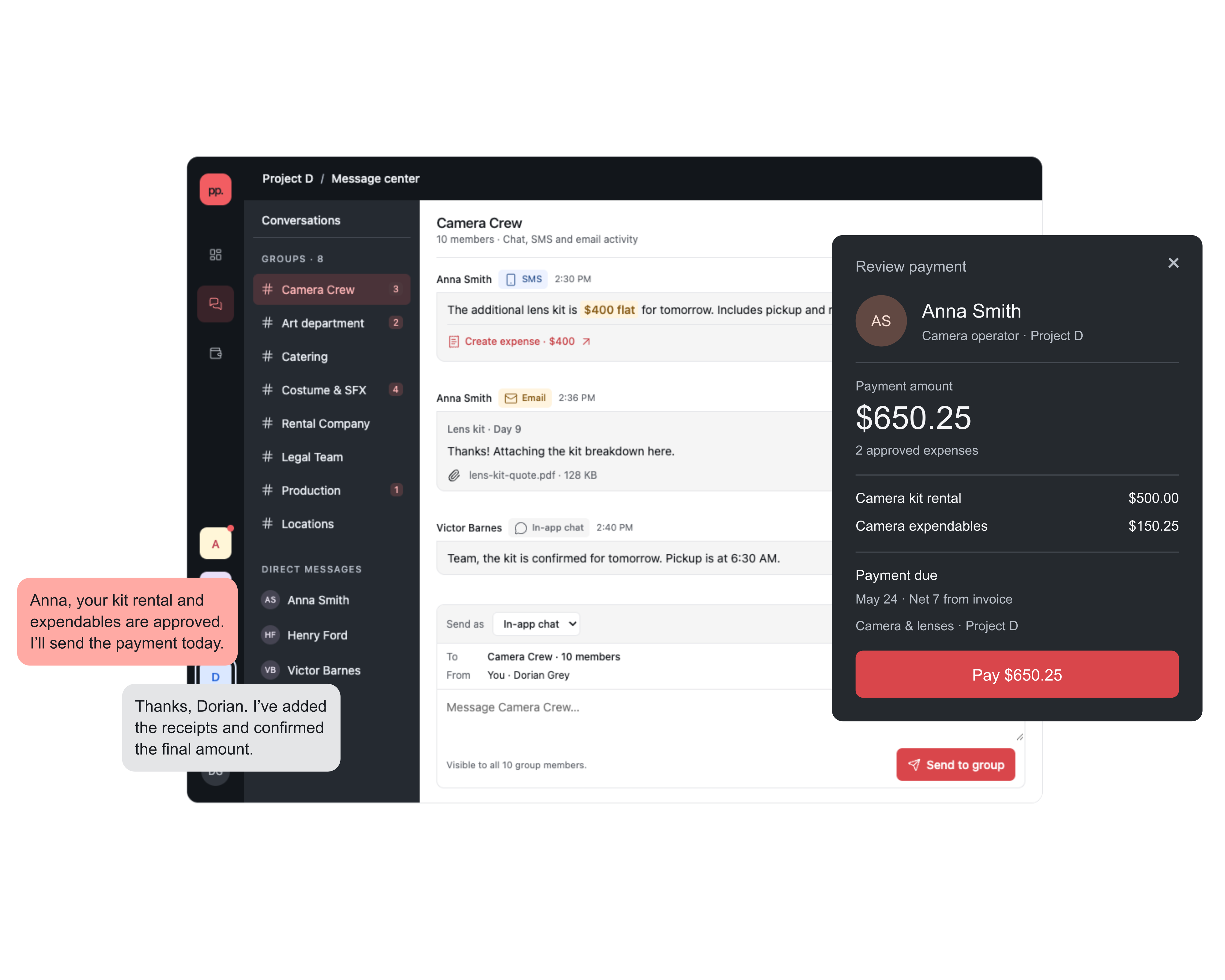 Production Planner message center with floating messages and Anna Smith’s $650.25 payment review